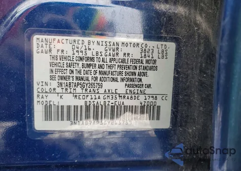 2016 Nissan Sentra S z USA, uszkodzony, nr VIN 3N1AB7AP5GY265759